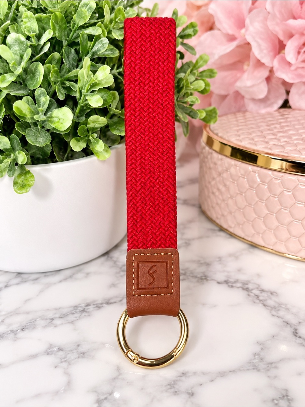Red Woven Key Fob Wristlet Keychain – Brown Leather Accent – Gold Ring
